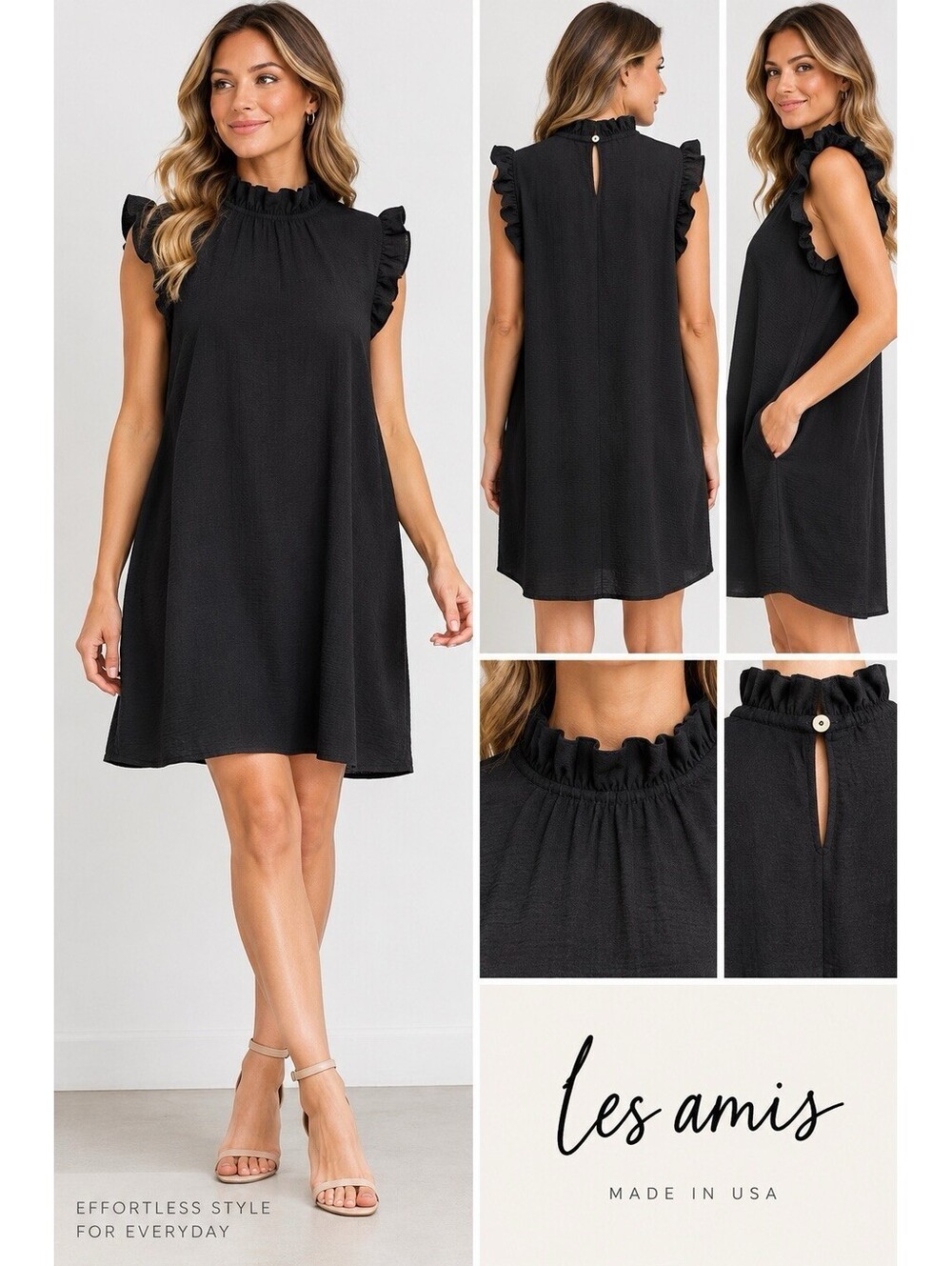 Les Amis XL Black Ruffle Shift Dress Sleeveless Mock Neck Made USA NWOT